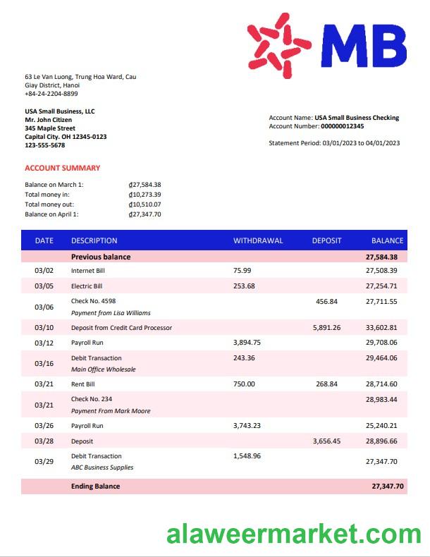 MB Bank company statement Word and PDF template